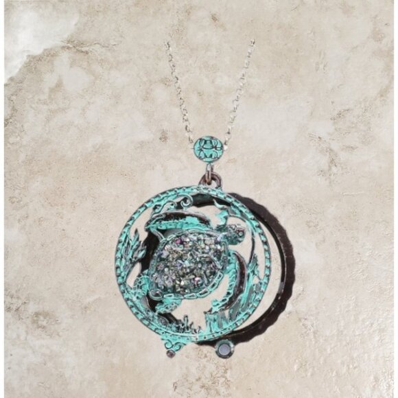 Verdigris Patina Turtle Magnifying Glass Pendant Long Necklace - Picture 1 of 3